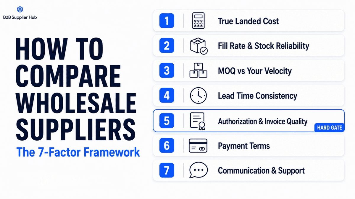Infographic listing the 7 factors for comparing wholesale suppliers: true landed cost, fill rate and stock reliability, MOQ vs your velocity, lead time consistency, authorization and invoice quality marked as a hard gate, payment terms, and communication and support.