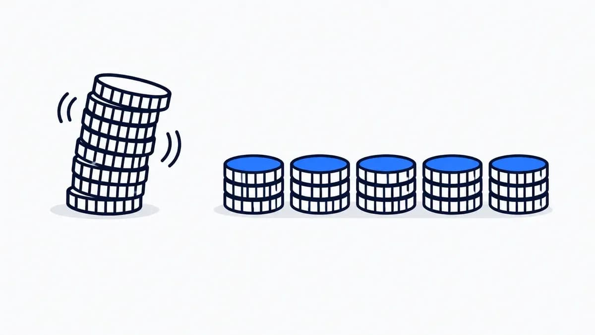 A single unstable coin stack next to a steady row of equal stacks, showing a one-time arbitrage flip versus a repeatable wholesale margin