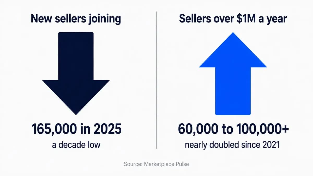 Amazon competition paradox: new sellers fell to 165,000 in 2025, a decade low, while million-dollar sellers nearly doubled to over 100,000