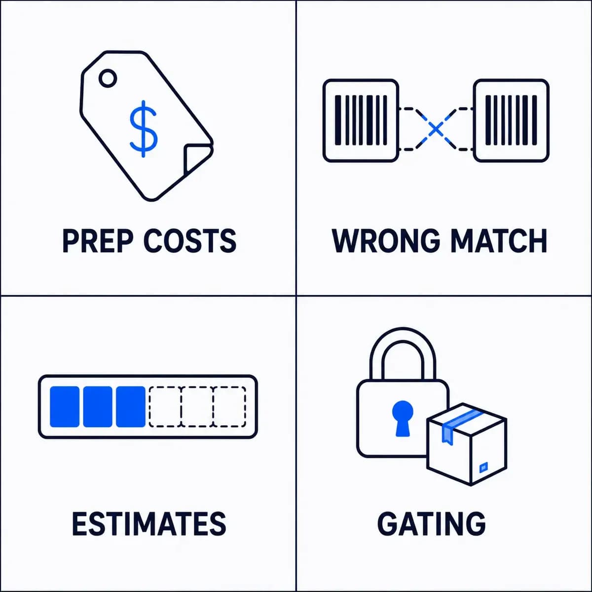Four ways price list analyzers mislead sellers: excluded prep costs, wrong barcode matches, sales estimates, and account-specific gating