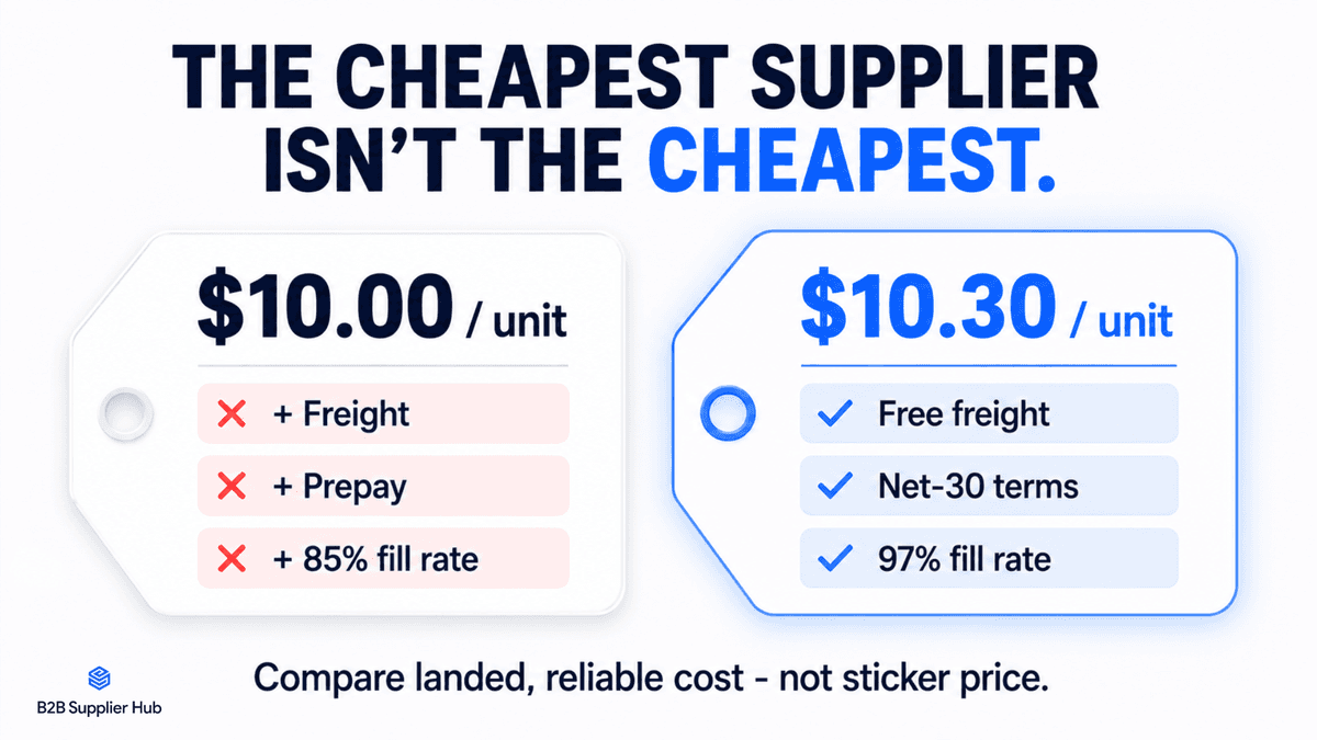 Comparison of two supplier price tags showing a $10.00 per unit supplier with added freight, prepay terms, and 85% fill rate versus a $10.30 per unit supplier with free freight, Net-30 terms, and 97% fill rate.