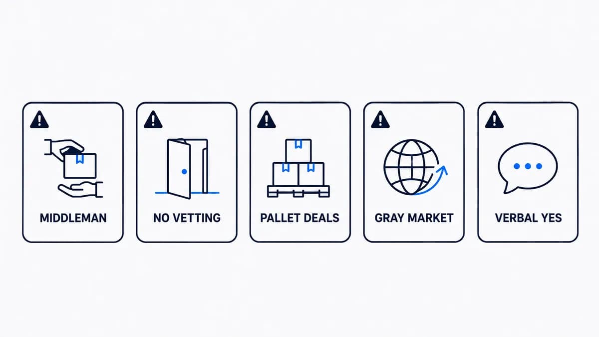 Five sourcing shortcuts that end Amazon accounts: middlemen, no-vetting wholesalers, pallet deals, gray market goods, and verbal promises