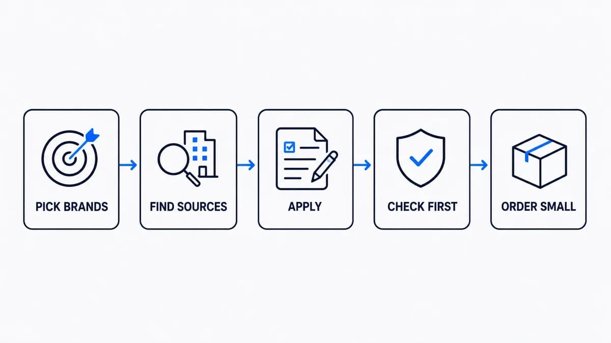 The five steps to source name-brand products for Amazon: pick brands, find authorized sources, apply, check first, order small