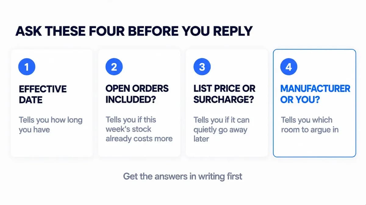 Four cards listing the questions to ask a supplier about a price increase and what each answer tells you