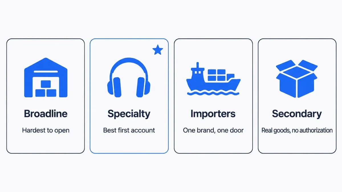 Four cards showing the broadline, specialty, importer and secondary tiers of electronics distribution, with the specialty tier marked as the best first account
