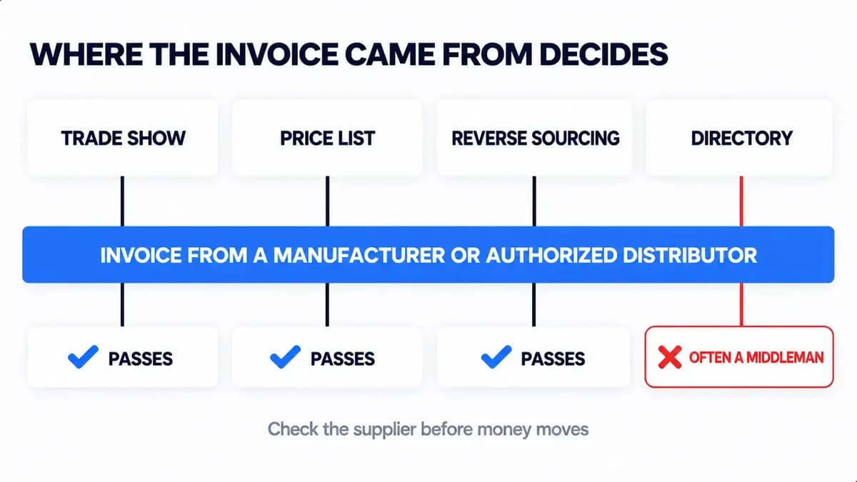 Which wholesale sourcing methods produce invoices from an authorized distributor, with directories flagged as the middleman risk
