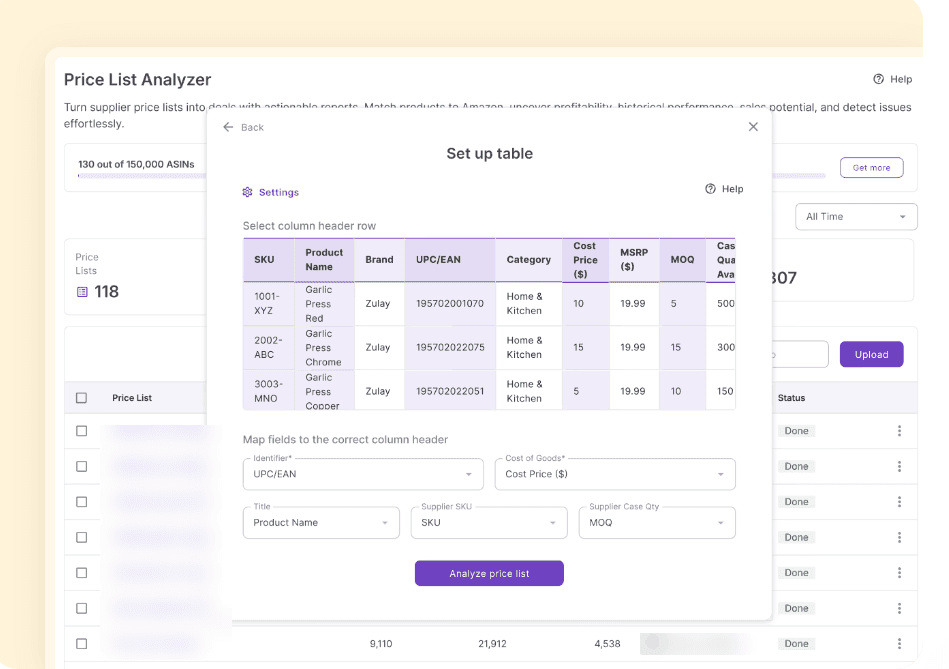 Seller Assistant Price List Analyzer setup screen mapping supplier price list columns for bulk Amazon product analysis