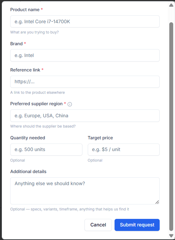 Interface of submit a sourcing request