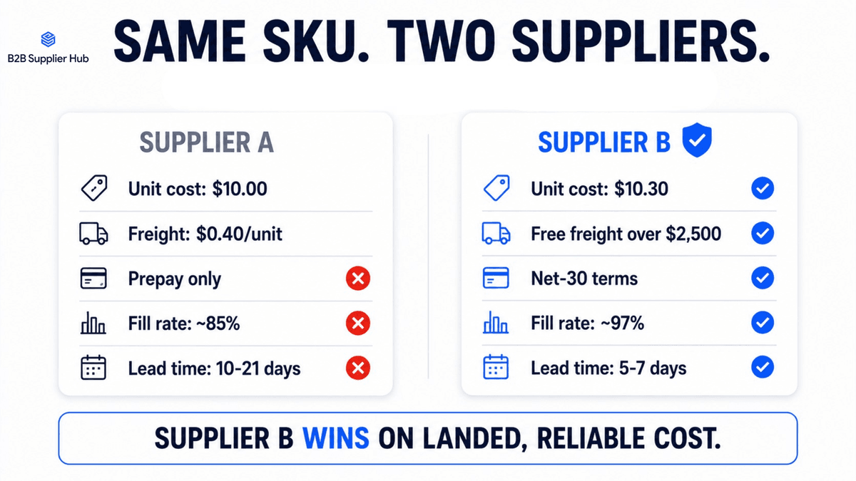 Side-by-side comparison of two suppliers for the same SKU: Supplier A at $10.00 per unit with paid freight, prepay only, 85% fill rate, and 10 to 21 day lead time versus Supplier B at $10.30 with free freight over $2,500, Net-30 terms, 97% fill rate, and 5 to 7 day lead time