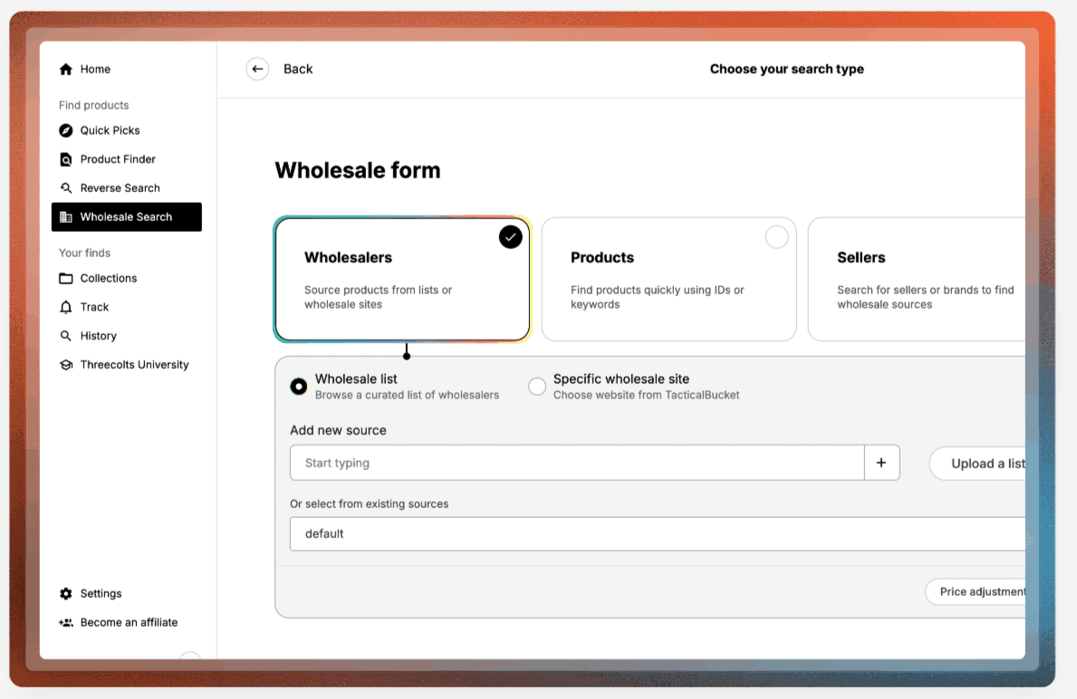 Tactical Arbitrage Wholesale Search form in Seller 365 showing wholesaler list upload and search type options