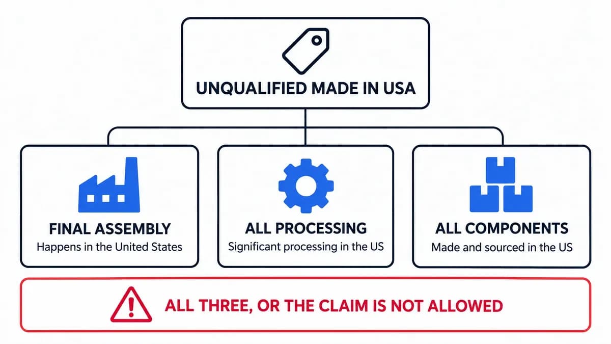 Diagram of the FTC three-part test for an unqualified Made in USA claim: final assembly in the US, all significant processing in the US, and all or virtually all components sourced in the US.