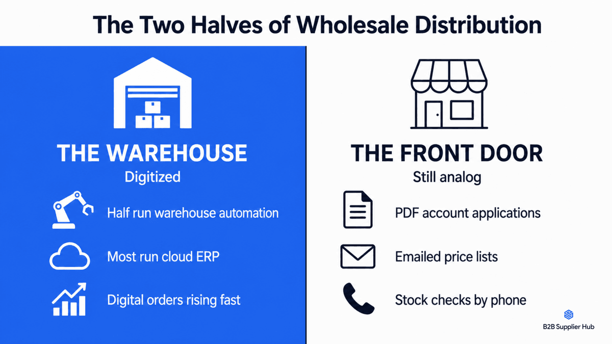 The wholesale industry is split in two: heavy technology investment inside the warehouse, analog processes at the buyer-facing front door.