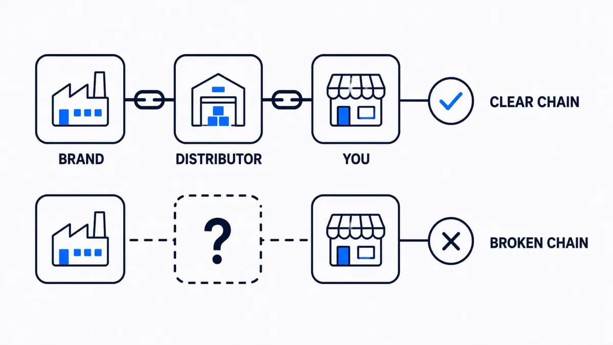 A clear supply chain from brand to distributor to seller passes Amazon's checks, while a broken chain fails