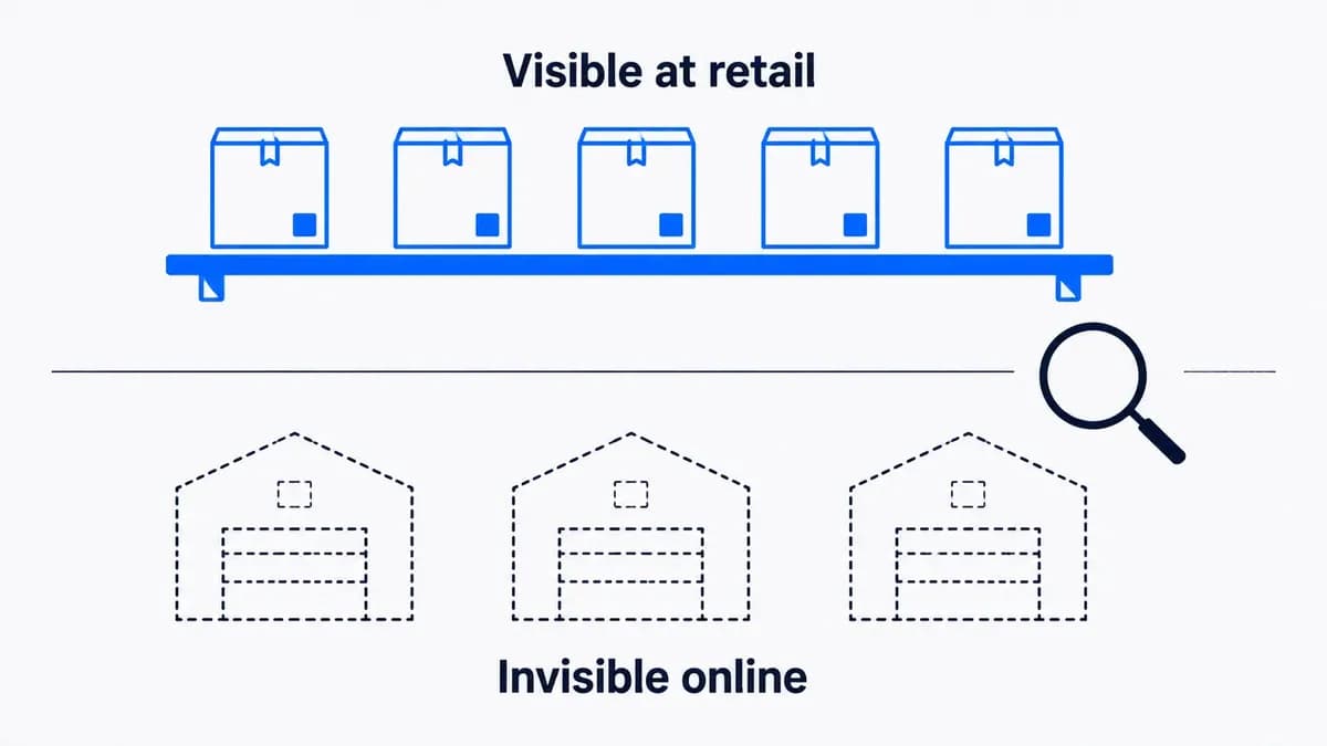 Infographic showing products visible on a retail shelf above dashed outlines of invisible wholesale warehouses, with a magnifying glass finding nothing.