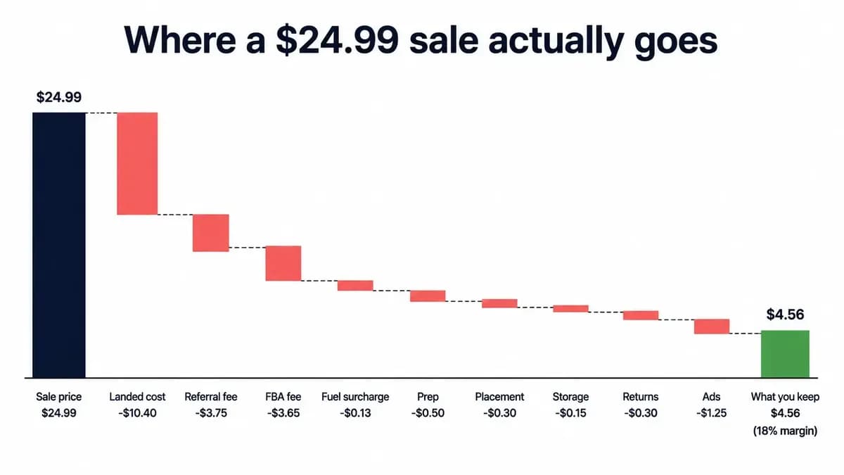 Waterfall chart showing a $24.99 Amazon sale reduced step by step by landed cost and each fee down to $4.56 net profit, an 18% margin