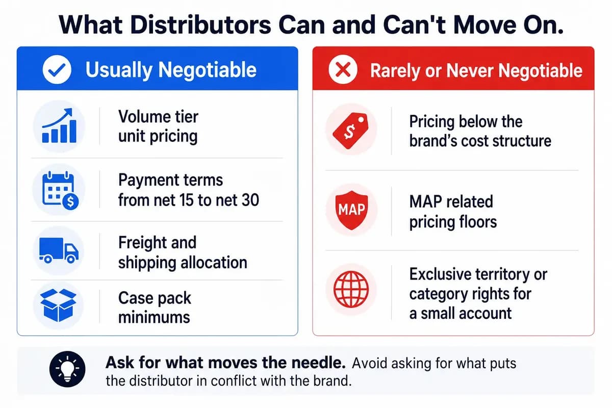 Comparison infographic showing which wholesale pricing terms are usually negotiable versus rarely negotiable with a distributor
