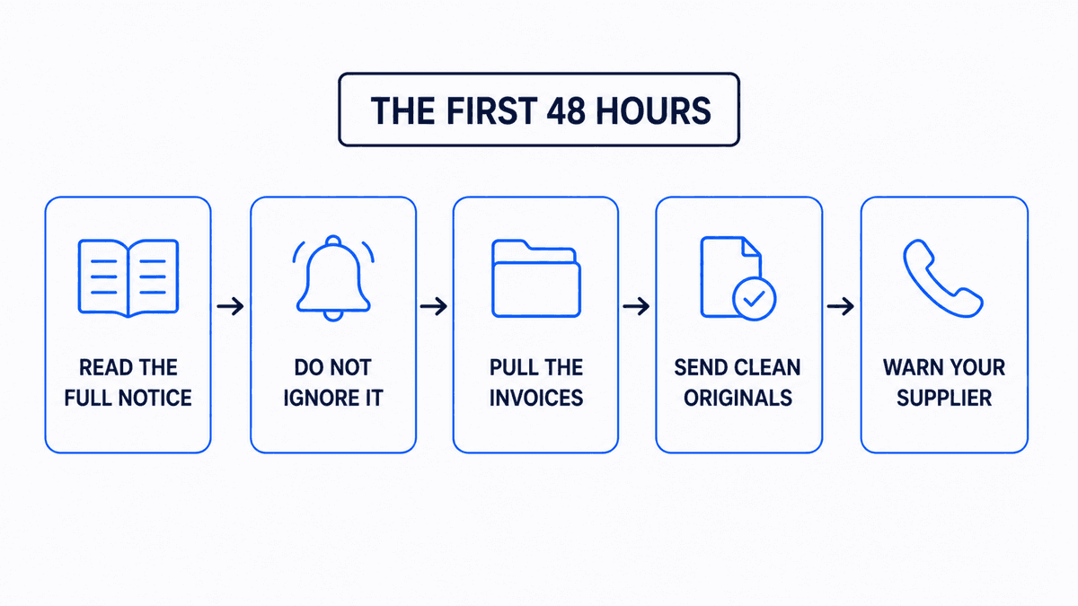 Five-step response sequence for an Amazon inauthentic complaint: read the full notice, do not ignore it, pull the invoices, send clean originals, warn your supplier