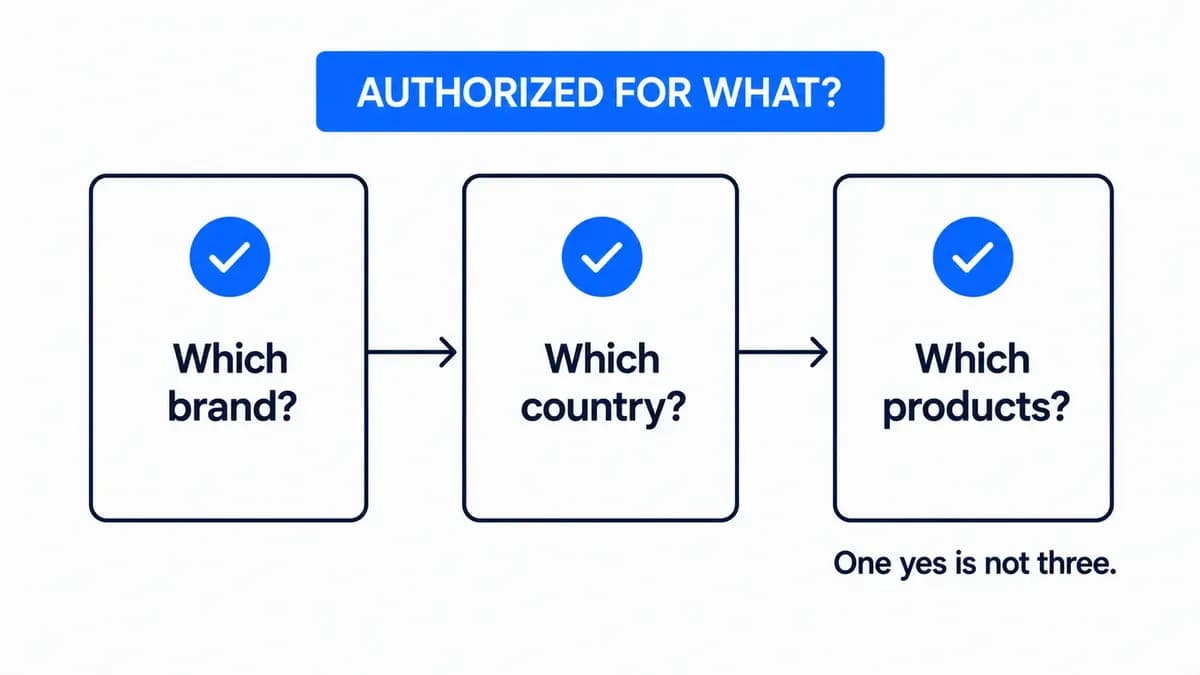 Diagram showing that distributor authorization is checked in three separate steps: which brand, which country, and which products.