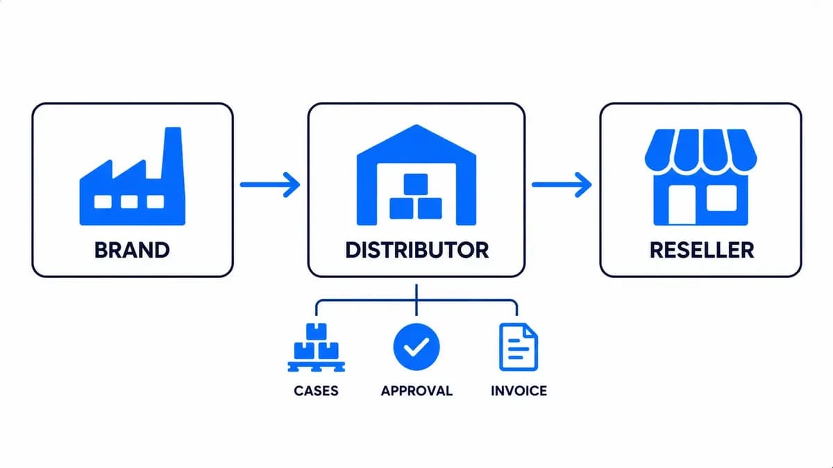How B2B distribution works: a wholesale distributor buys from the brand, splits pallets into cases and invoices the reseller