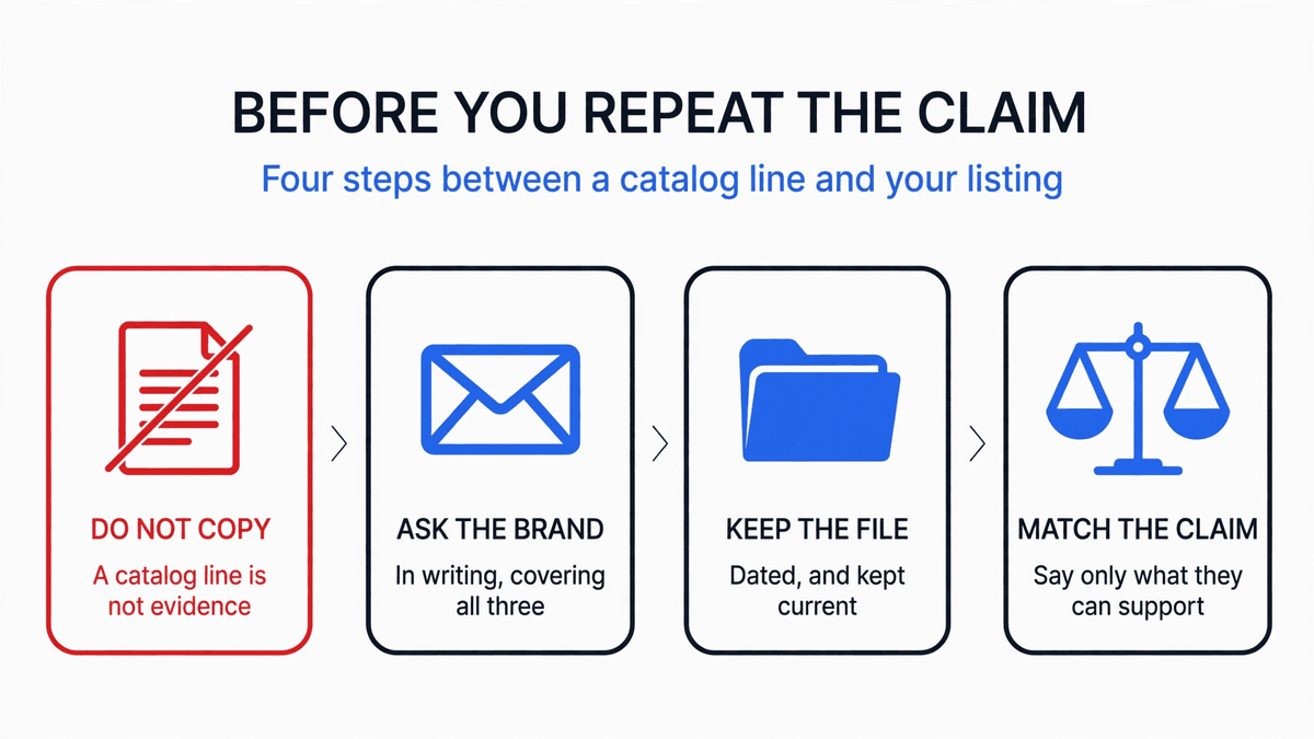Four steps before you repeat an origin claim: do not copy a catalog line, ask the brand in writing, keep the file dated and current, and match the claim to what the brand can support.