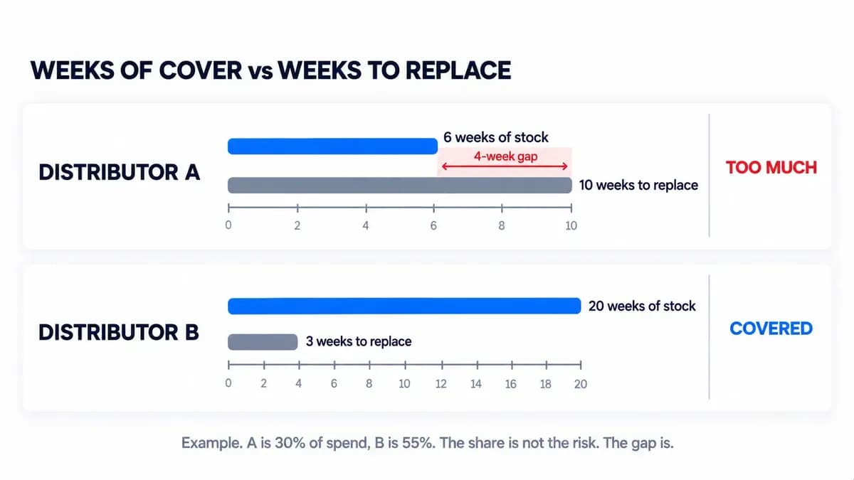  Infographic comparing weeks of stock against weeks to replace for two example distributors, showing that a four-week gap, not the share of spend, is the real risk.