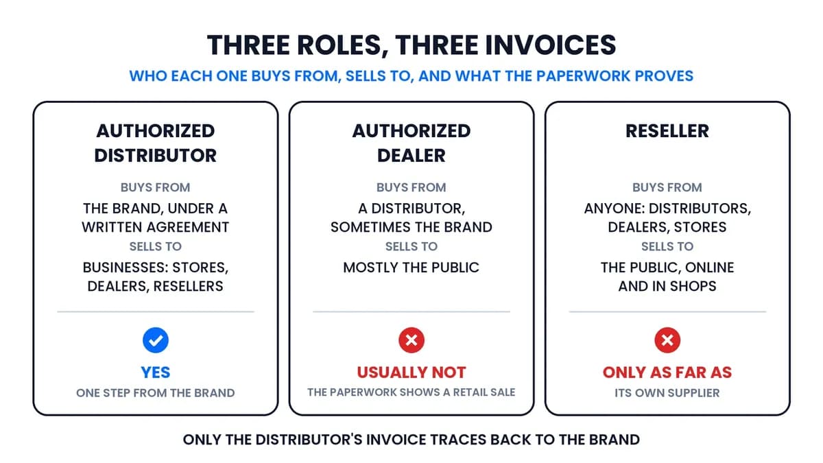 Comparison table of authorized distributor, authorized dealer, and reseller showing who each one buys from, who they sell to, and whether their invoice traces back to the brand.