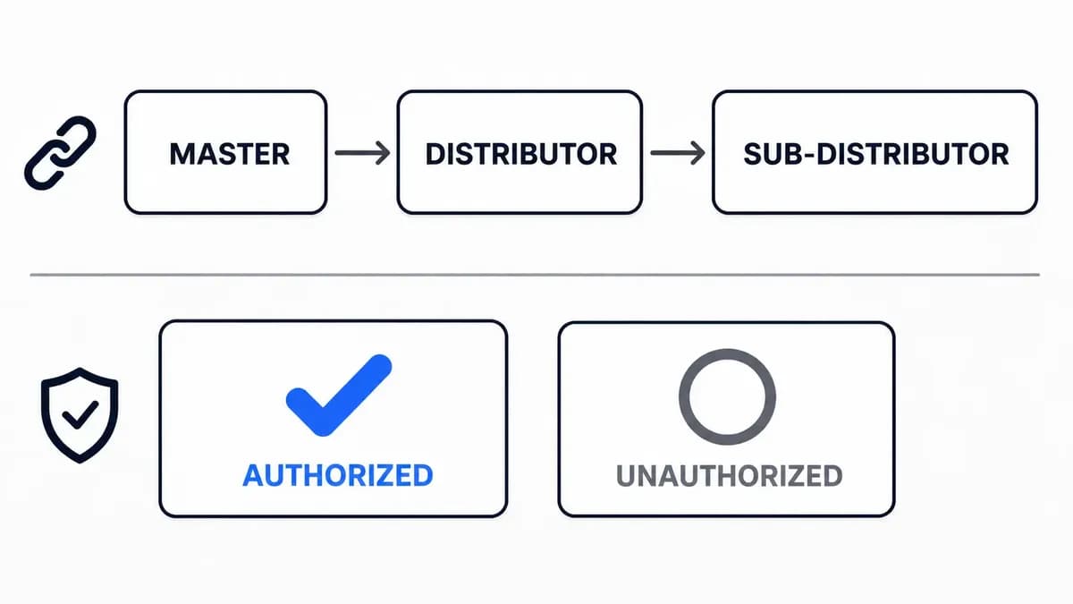 Diagram showing chain position (master distributor, distributor, sub-distributor) and brand authorization as two separate axes, not one ranking