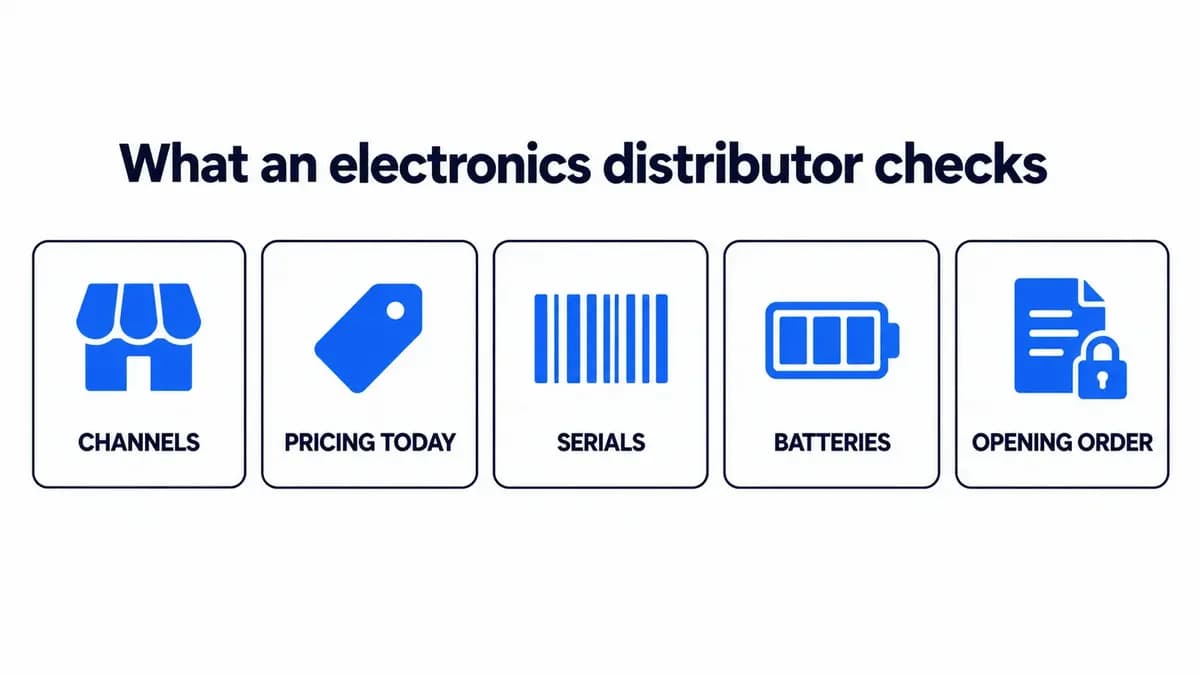 Five electronics distributor account requirements: channel list, current pricing, serials, batteries, and opening order