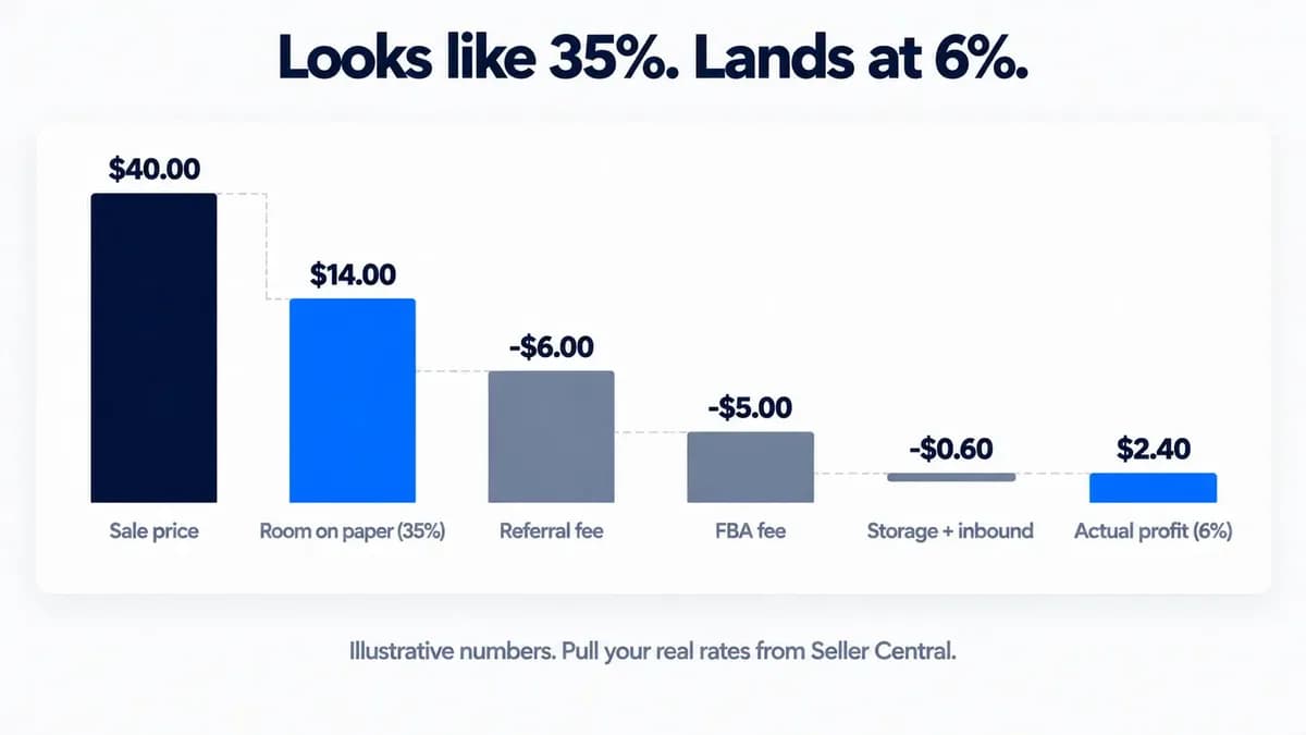  Waterfall chart showing an illustrative wholesale product priced at $40 with a $26 cost, where referral, FBA, storage and inbound fees reduce a 35 percent gap to a 6 percent profit