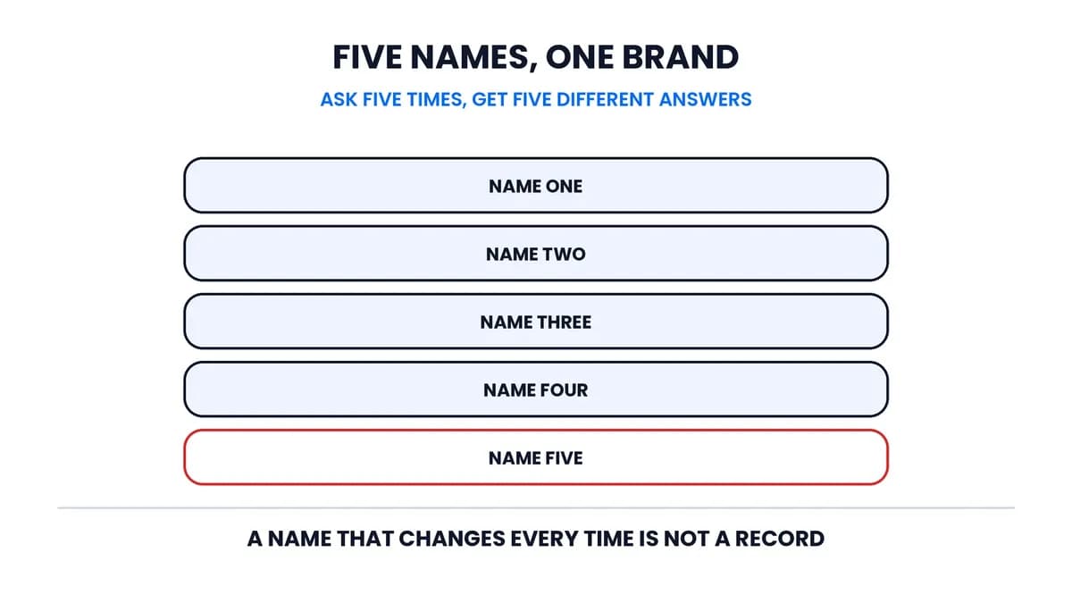 Five different distributor names produced for one brand across five separate chats, each one presented in the same confident format.