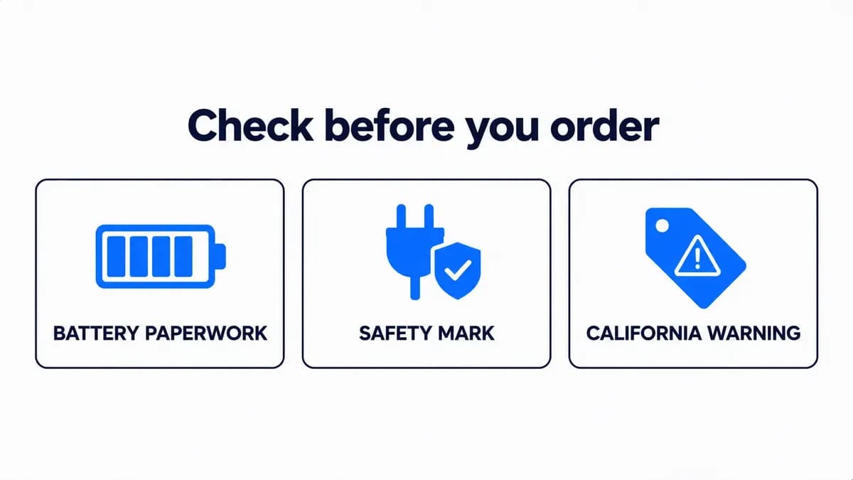 Three checks before ordering from home improvement distributors: battery paperwork, electrical safety mark, Prop 65 warning