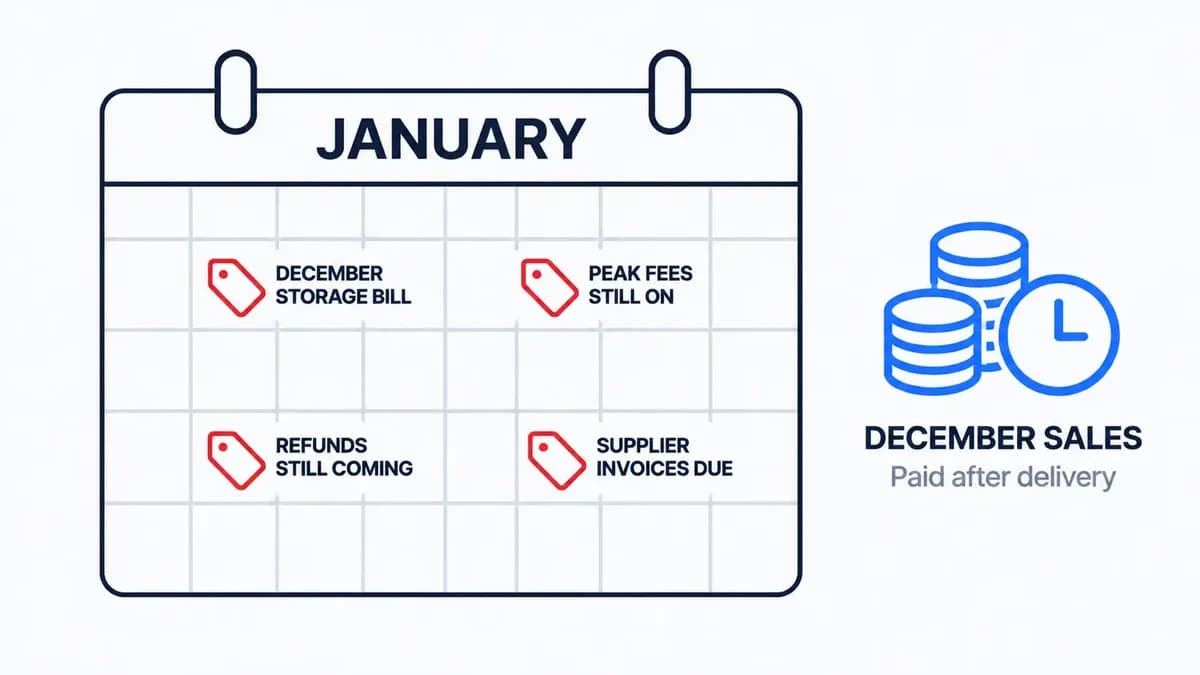 A January calendar page with four red cost tags pinned to it, next to a stack of coins and a clock showing that December's sales are paid after delivery.