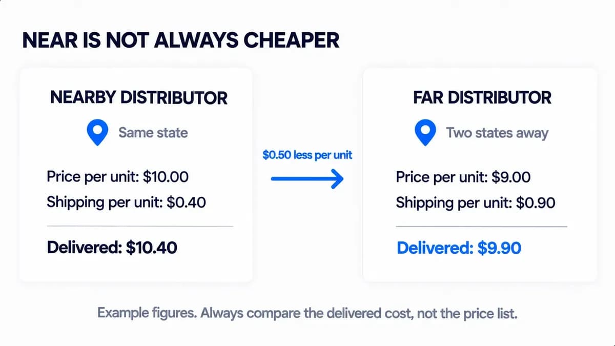  Infographic comparing a nearby distributor at $10.40 delivered with a farther distributor at $9.90 delivered, showing that the far distributor is fifty cents cheaper per unit once shipping is included. Example figures.