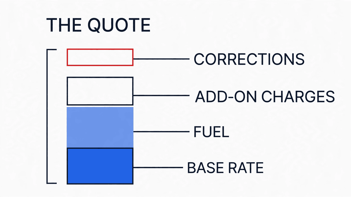 A stacked bar showing that an LTL quote usually covers only the base rate and fuel, with add-on charges and corrections arriving later.