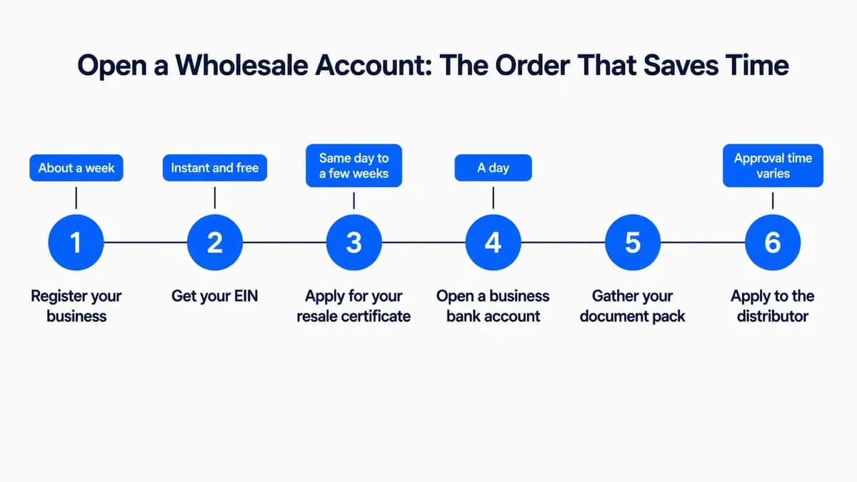 Six-step timeline for opening a wholesale account: register the business, get an EIN, apply for a resale certificate, open a bank account, gather documents, then apply to the distributor, with time estimates for each