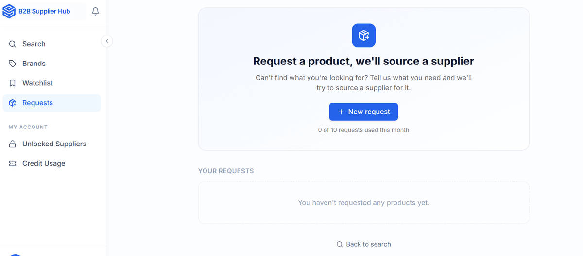 The Requests page inside a signed-in B2B Supplier Hub account, showing the sidebar location of the Requests tab and the monthly request counter
