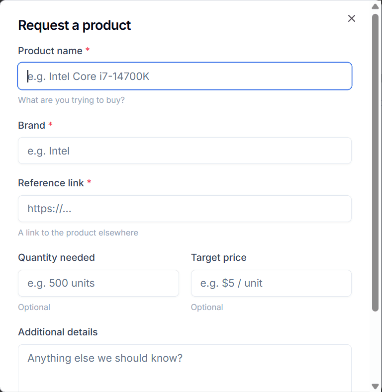 The product request form on B2B Supplier Hub with fields for product name, brand, reference link, quantity needed, and target price