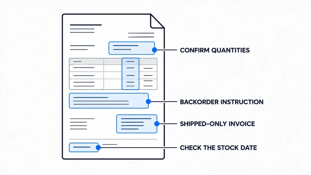 Purchase order fields that stop a partial shipment from a distributor: confirmed quantities and a backorder instruction