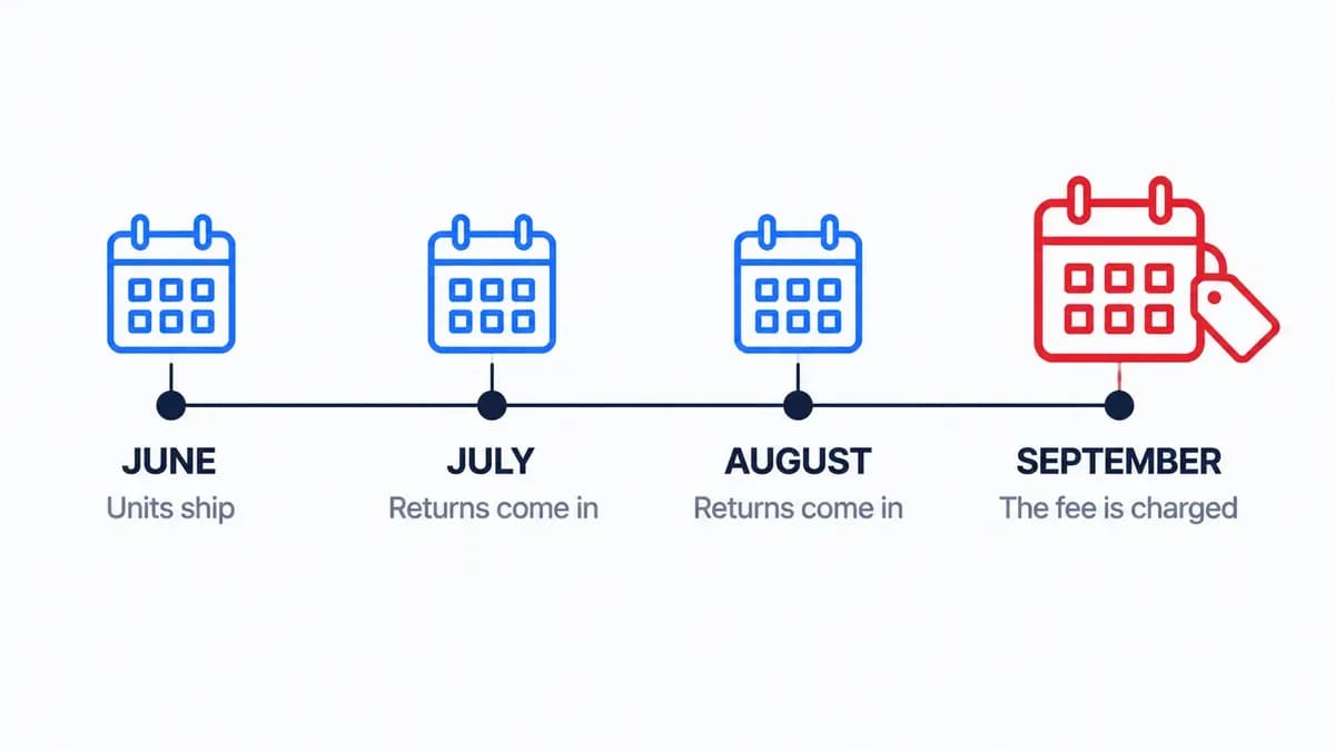 A timeline of four calendar months showing units shipping in June, returns arriving in July and August, and the returns processing fee charged in September. 