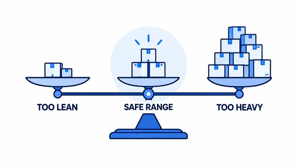 A balance scale showing too little stock on one side, too much on the other, and a safe middle range.