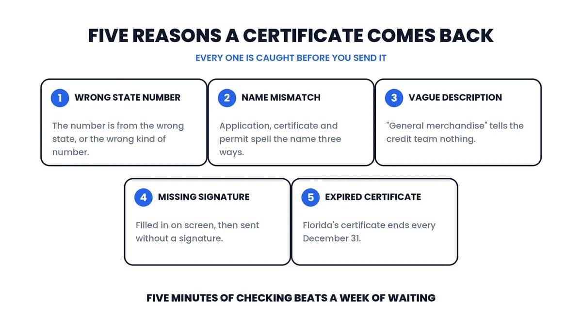 Five reasons a resale certificate comes back: wrong state number, name mismatch, vague description, missing signature, expired Florida certificate.