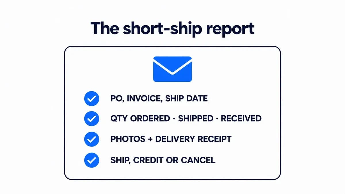 What a short-ship credit report needs: order numbers, quantities, photos, delivery receipt, and ship, credit or cancel