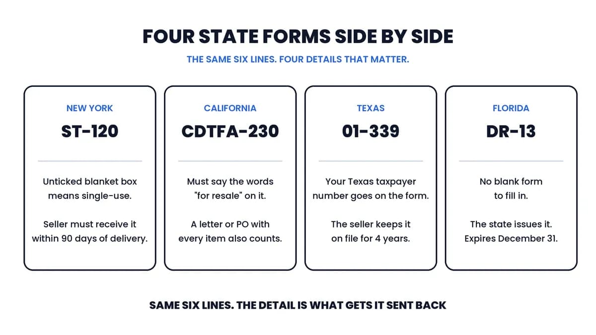 Four state resale certificate forms side by side: New York ST-120, California CDTFA-230, Texas 01-339 and Florida DR-13, with the one detail that matters most on each.