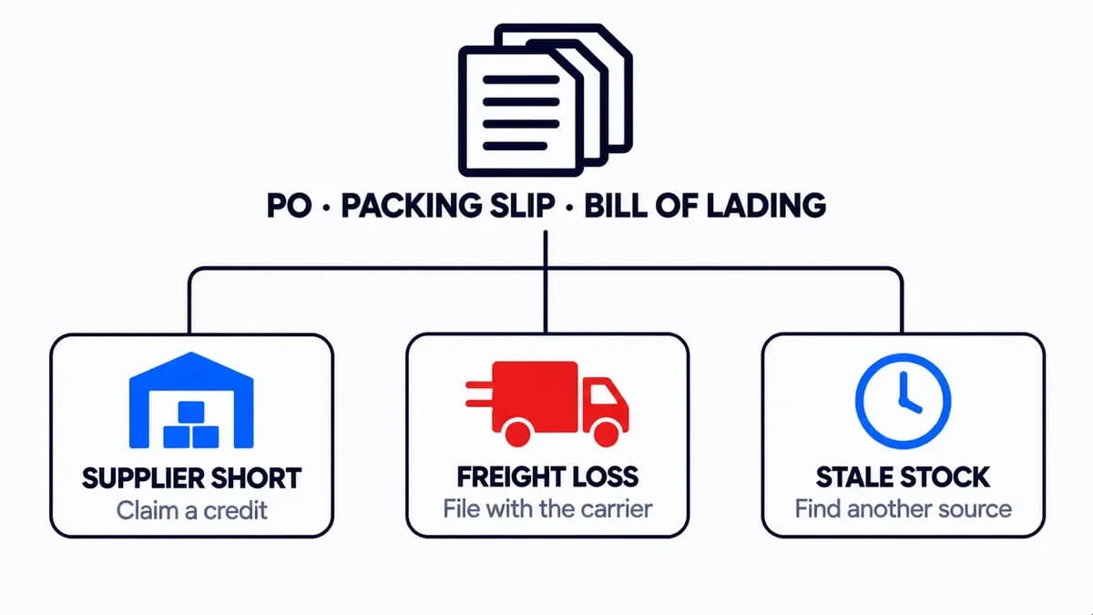 Supplier short shipment decision tree: compare PO, packing slip and bill of lading to find who owes you