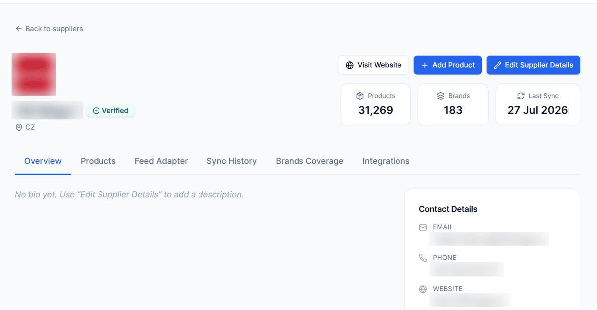 Supplier information on B2B Supplier Hub Page