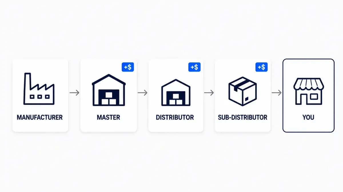 Supply chain flow from manufacturer to master distributor to authorized distributor to sub-distributor, showing markup added at each layer before reaching the reseller