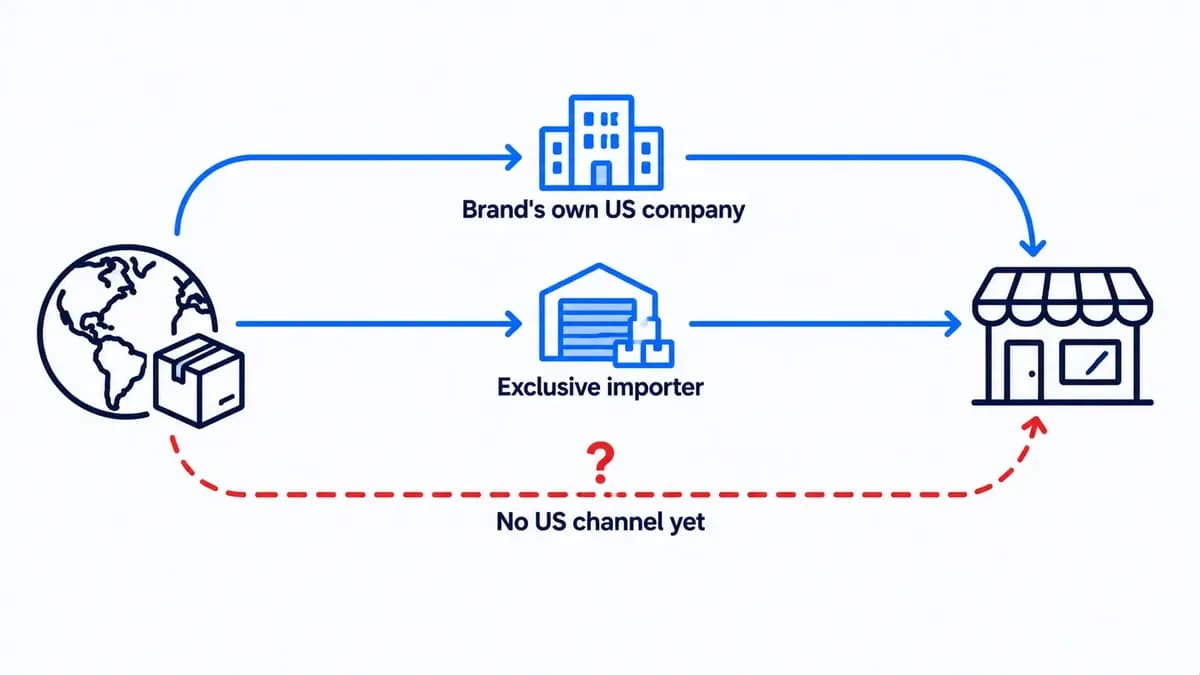 The three ways a foreign brand's products reach US resellers: its own US company, an exclusive importer, or no US channel at all