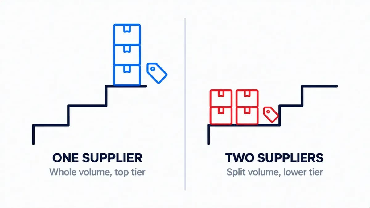 Two price-tier staircases side by side: one tall stack of boxes reaching the top tier with one supplier, and two half-size stacks stuck on the bottom tier when the volume is split.