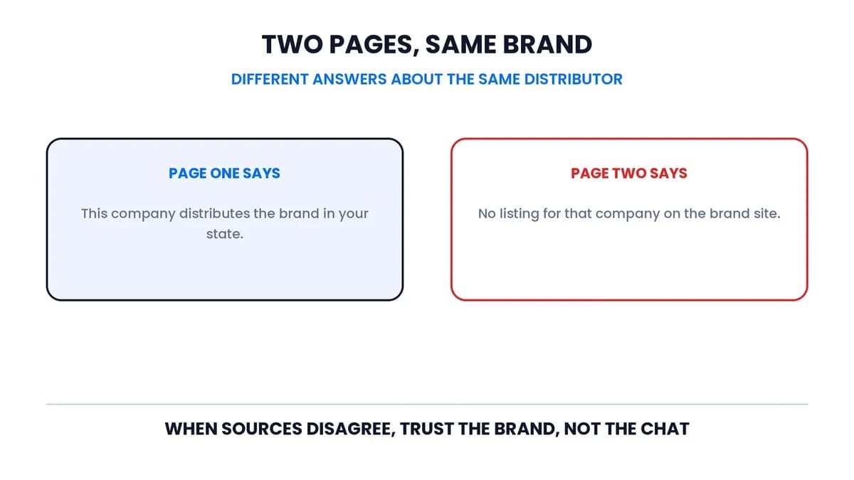 Two web pages about the same brand side by side: a reseller's own page naming a company as its distributor, and the brand's own site with no listing for that company.
