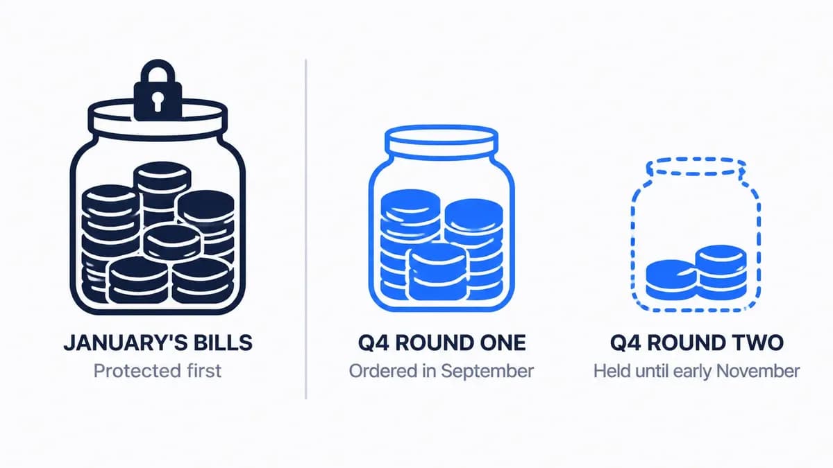  Three money jars showing the Q4 budget split: a locked jar for January's bills protected first, a jar for the September order, and a smaller dashed jar held back until early November.